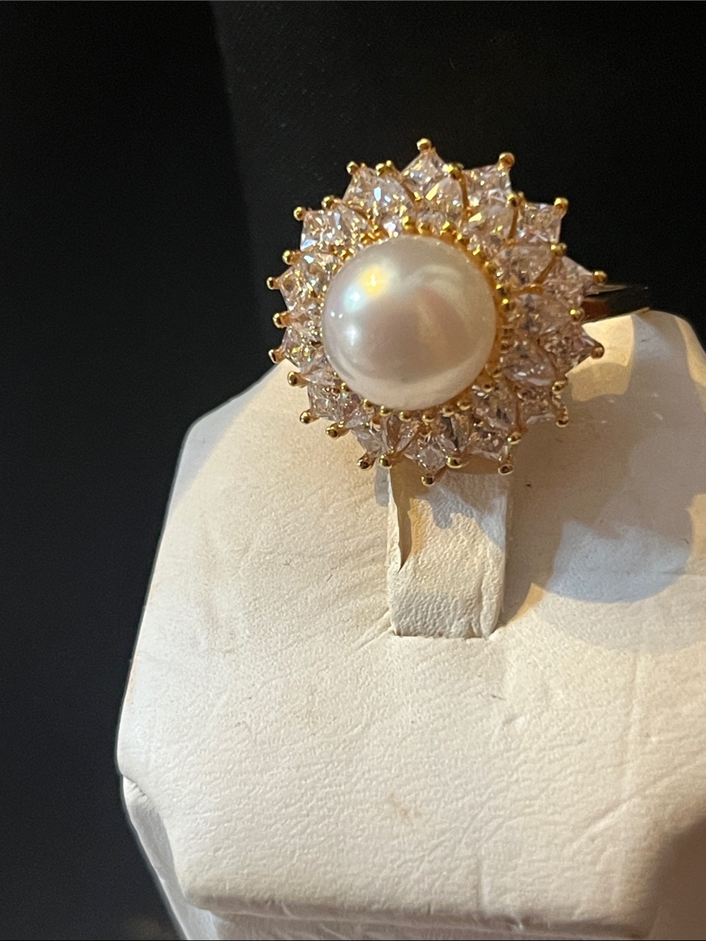Classic Gold Pearl Halo Ring with Cubic Zirconia Accent - White Pearl